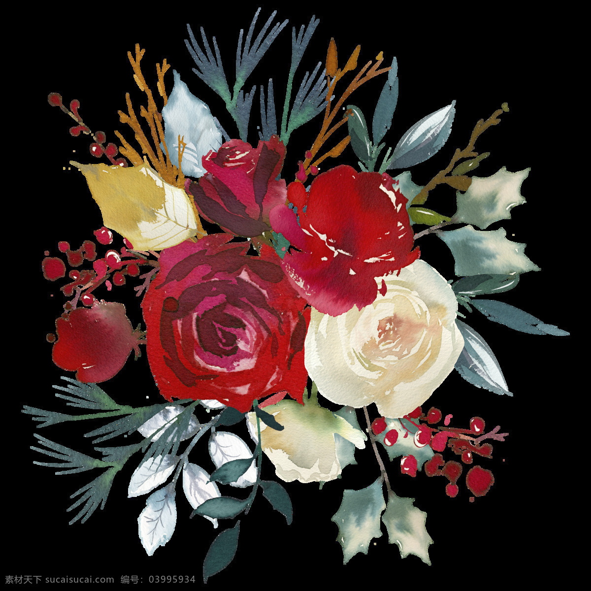 水彩 比西 米亚 花卉 透明 红色 灰色 玫瑰花 免扣素材 透明素材 叶子 装饰图案