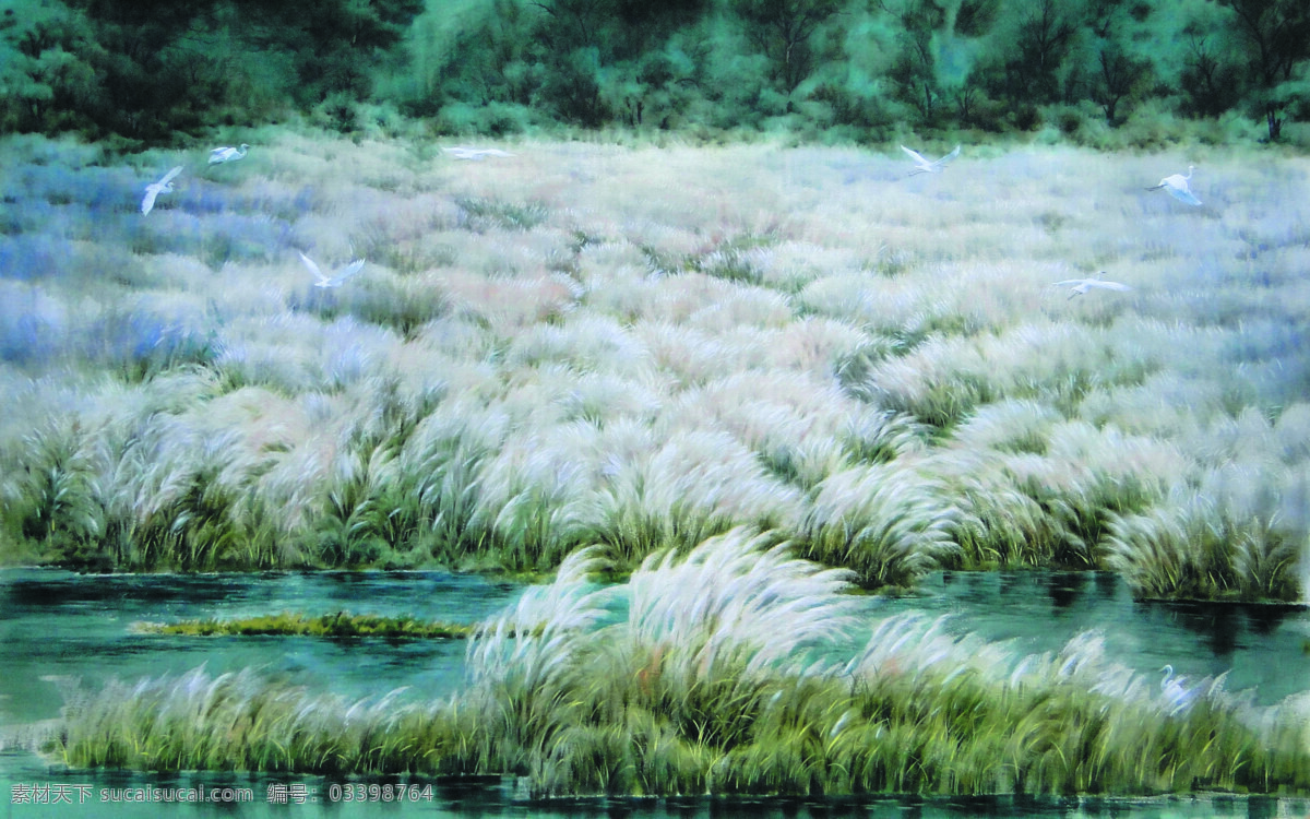 芦苇荡 美术 水彩画 风景 湖泊 草泽 芦苇 飞鸟 作品集 文化艺术 绘画书法