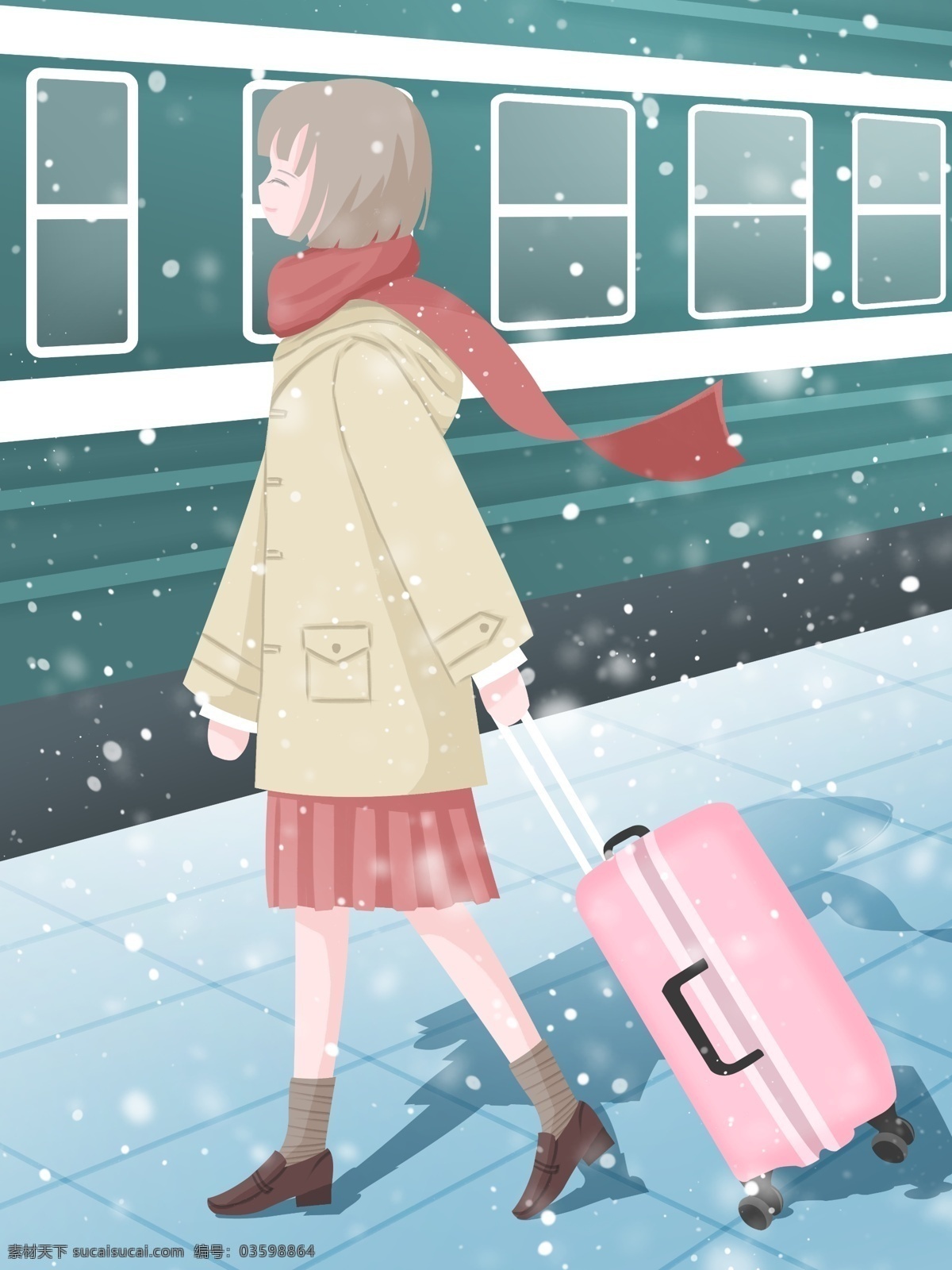 春运 回家 插画 寒假 女孩 火车 冬天 春节 雪景 壁纸 年假 车站 行李箱 雪 背景