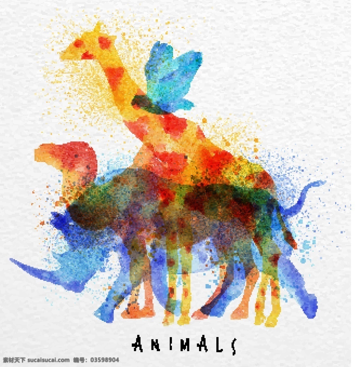 卡通 水彩 动物 组合 矢量 色彩 装饰素材 创意设计 设计元素素材 水墨