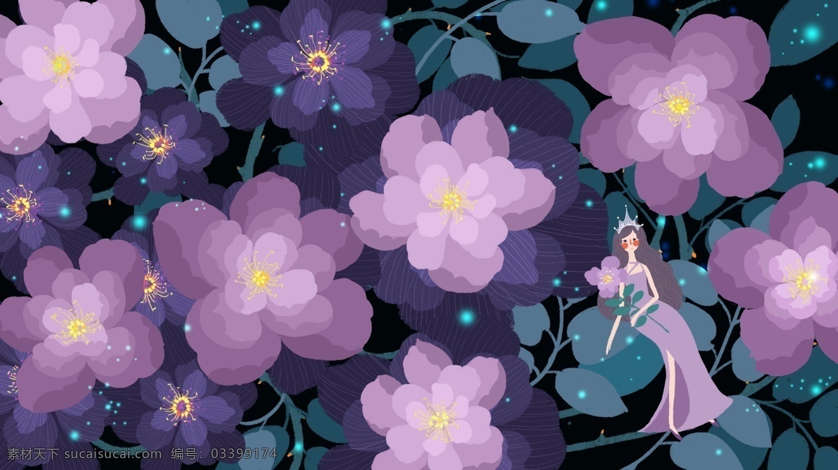 小 清新 简约 唯美 浪漫 童话 风 紫色 花海 女孩 夜晚 小清新 可爱 花朵 童话风 晚安 背景 壁纸 配图