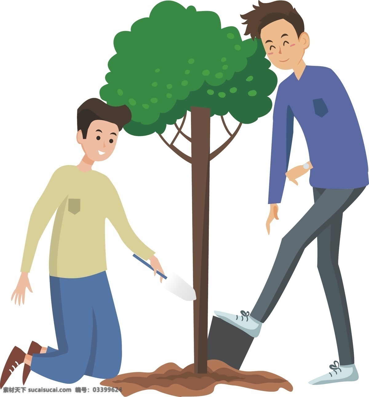 两个 小 男孩 种树 免 抠 图 植物 植树节 卡通大树 绿色植物 生态植物 小树苗 种子 免抠图