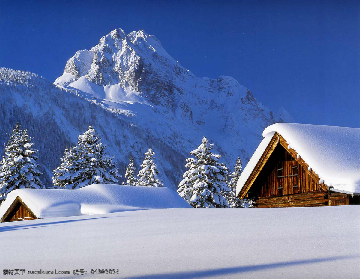 唯美 雪景 高清 冬季 雪花 积雪 房屋 山脉