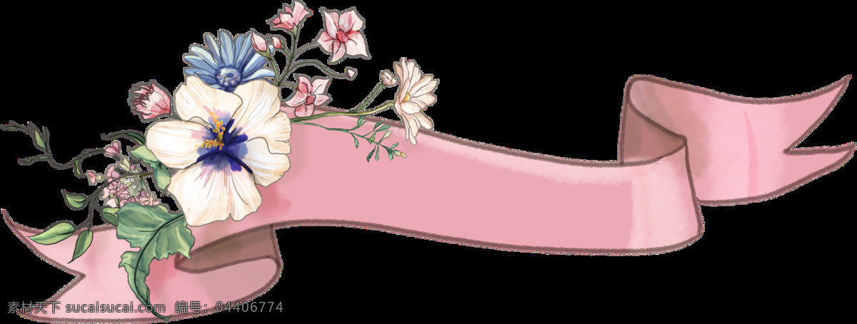 手绘 素雅 花卉 装饰 图案 彩带 花朵 牡丹 菊花 绿叶