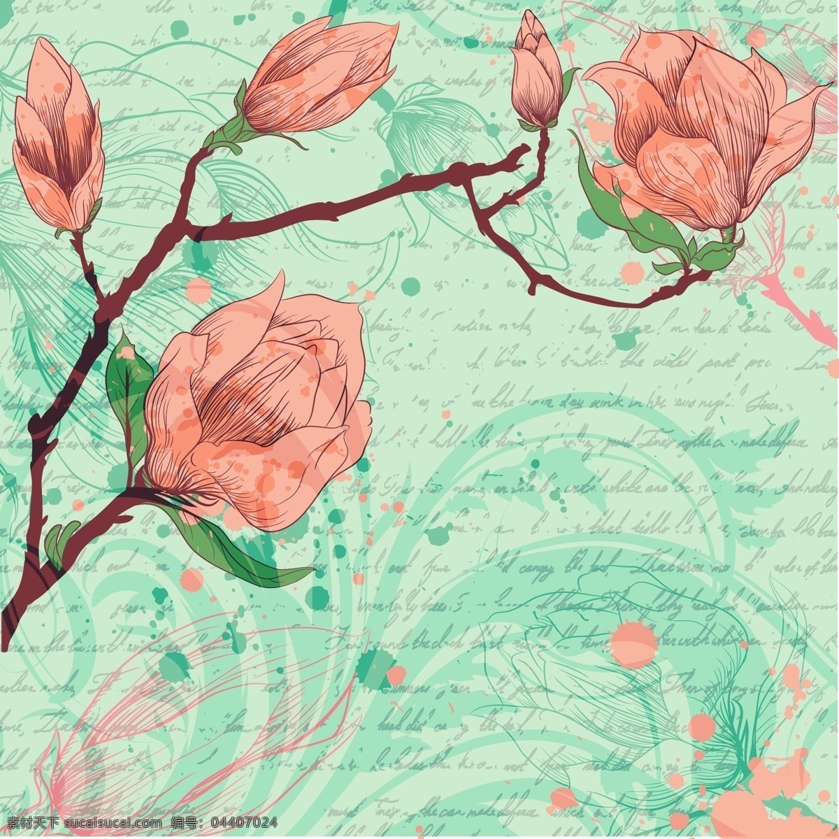 手工 画 艺术 背景 花卉 自然 手绘 春天 树叶 涂鸦 素描 植物 装饰 绘画 开花 美丽 粗略