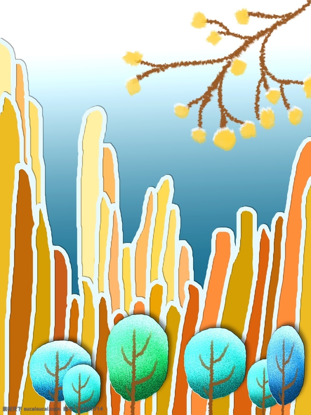 现代 抽象 手绘 橘 色 山 客厅 装饰画 波点植物 渐变背景 一联画 抽象橘色山 蓝色 创意 几何 树
