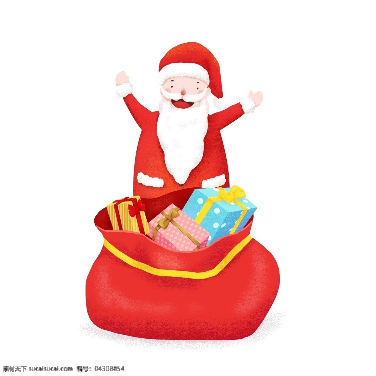 圣诞节 手绘 插画 圣诞老人 发 礼物 元素 发礼物 圣诞 开心 举手 圣诞快乐
