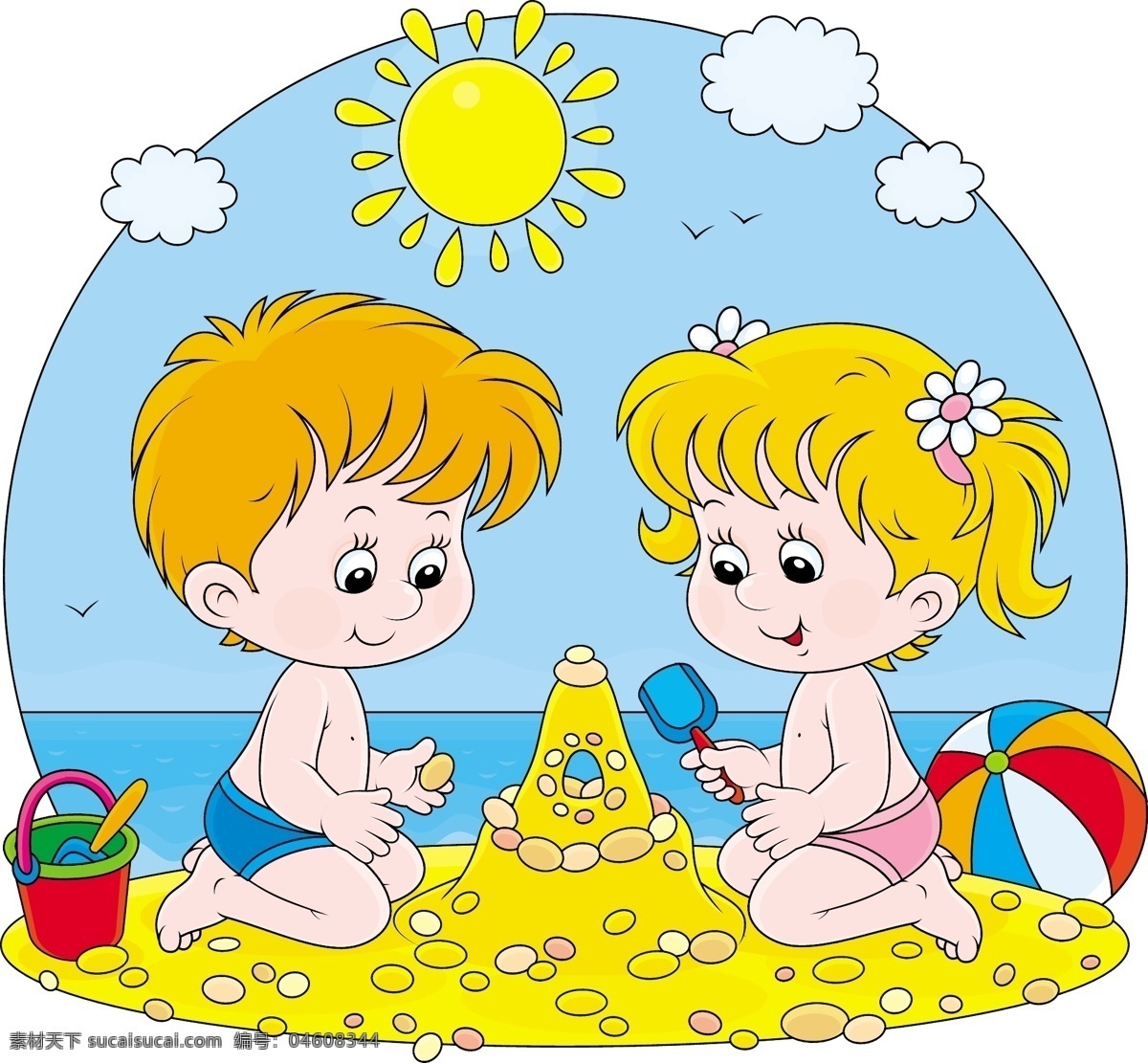 卡通 沙滩 儿童 背景 矢量 小孩 玩沙 太阳 游戏 桶 铲子 皮球 云朵 小女孩 小男孩 海边 海鸥 插画 手绘 儿童节 矢量人物