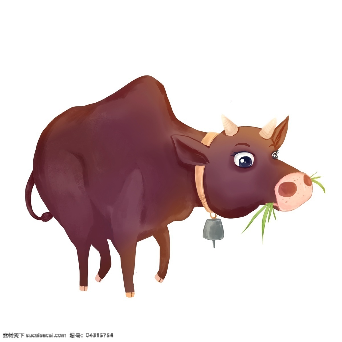手绘 吃 草 头牛 商用 元素 卡通 牛 动物 吃草 插画设计