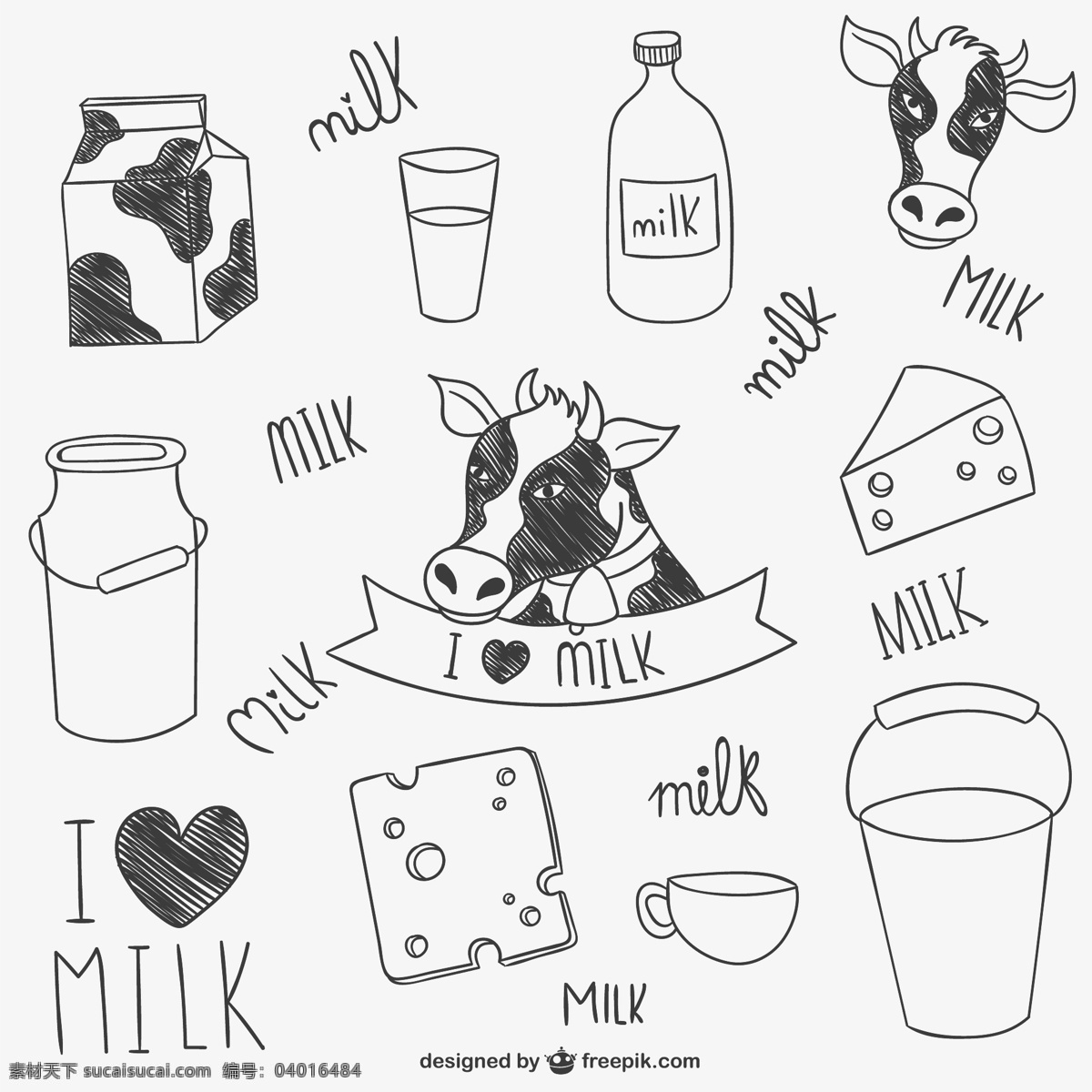 手绘 奶牛 牛奶 制品 爱心 杯子 奶酪 奶瓶 矢量图 丝带 桶 其他矢量图