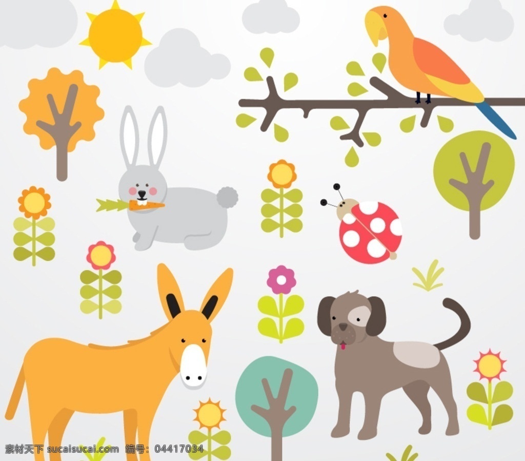卡通 植物 动物 插画 植物与动物 太阳 鹦鹉 兔子 驴子 狗 瓢虫 花朵 树木 矢量图 卡通植物 动物插画 卡通动物插画 卡通植物插画
