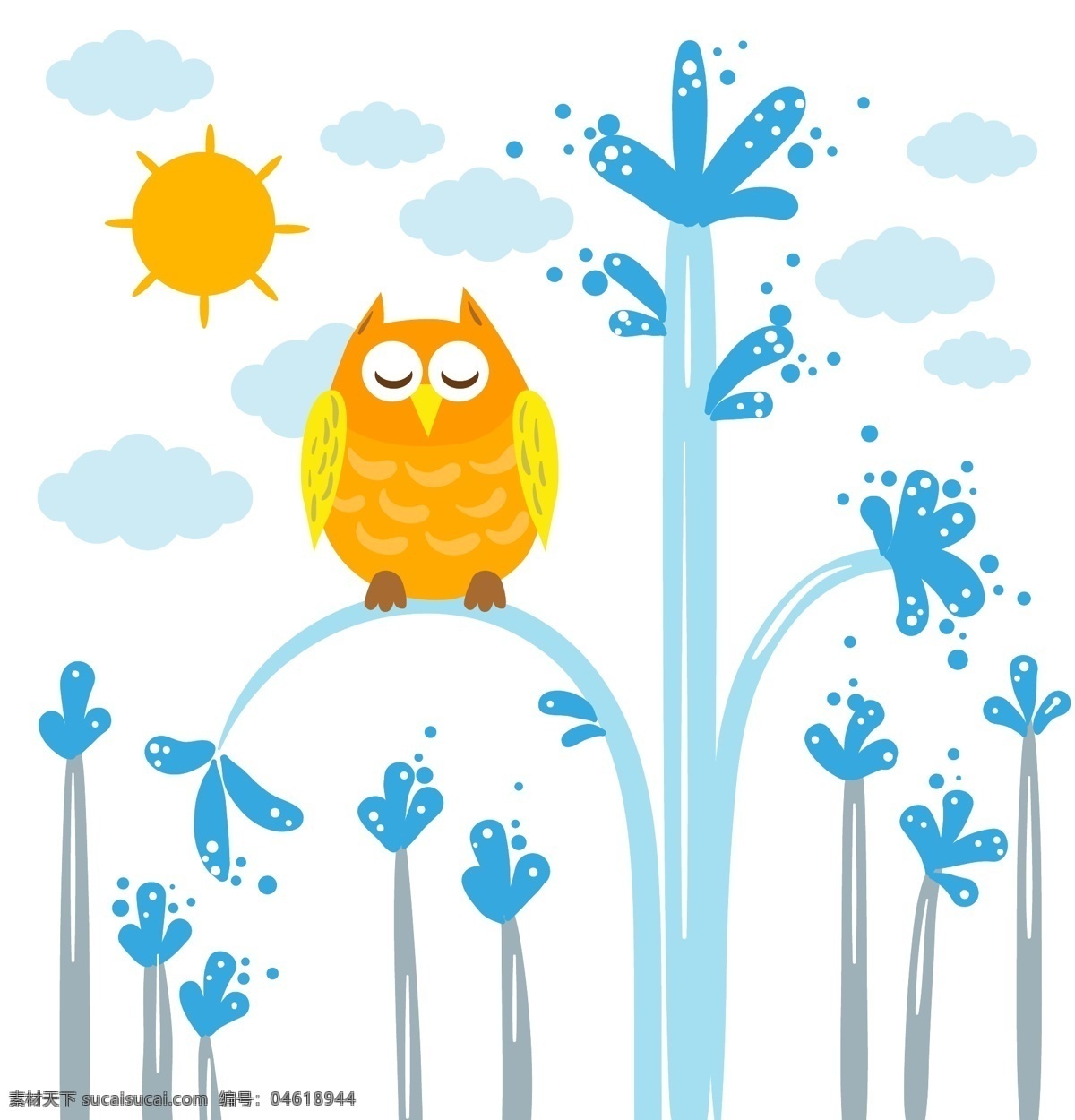 睡觉 猫头鹰 卡通 太阳 植物 矢量图 生物世界