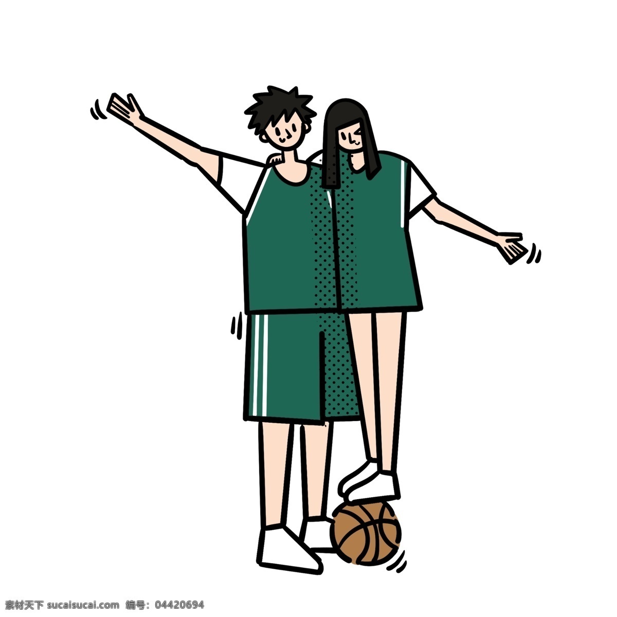 卡通 矢量 免 抠 扁平 可爱 篮球 情侣 免抠 打篮球 男生 绿色 篮球衣 运动 快乐 开心 运球 阳光 活力 女生