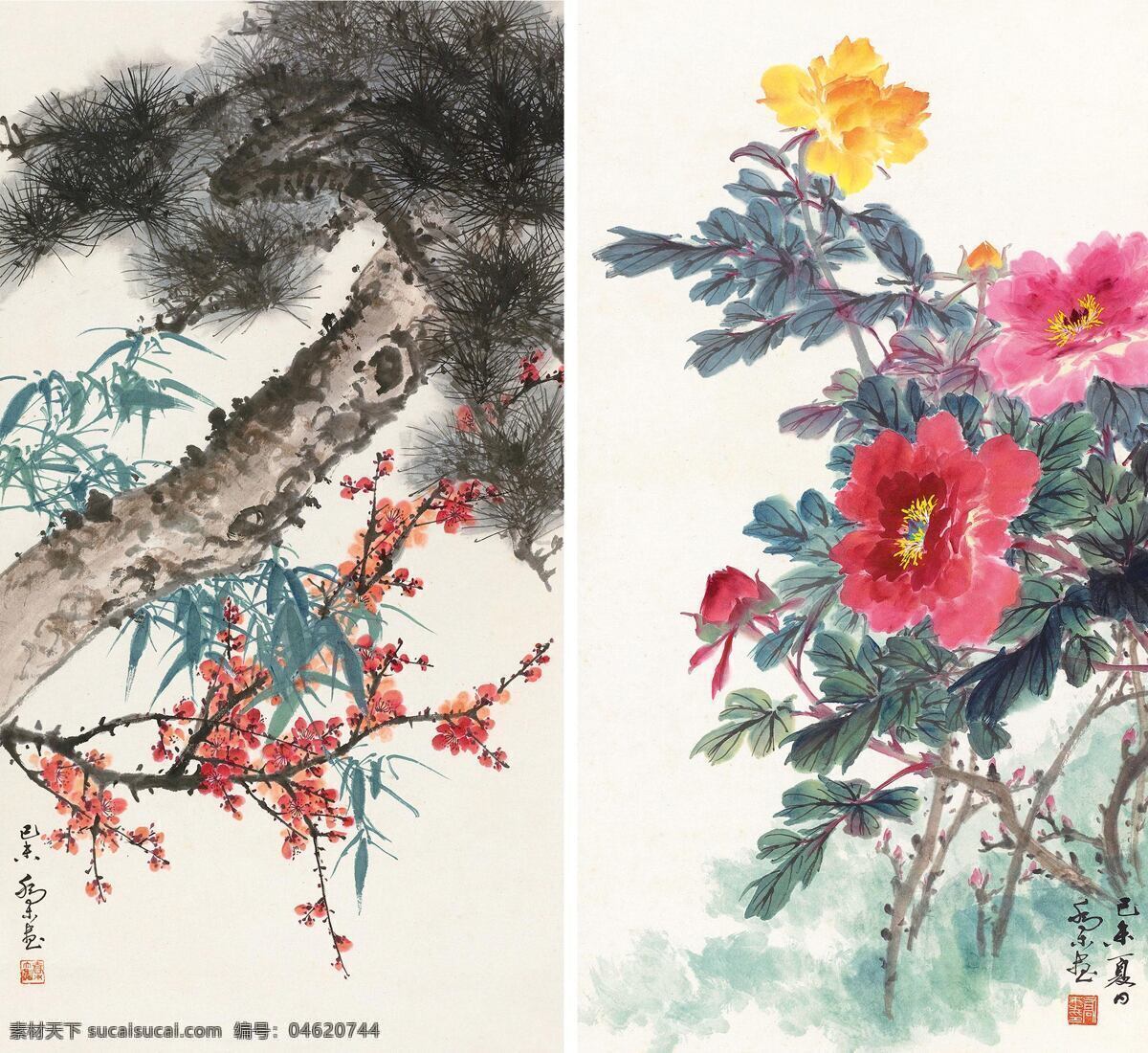 松 荣 花 茂 梅竹 秀 刺绣 翠竹 梅花 牡丹 室内装饰设计 中国画 立轴 设色纸本 写意花卉画 青松 乔木作品 工艺美术 平面广告 装饰设计 文化艺术