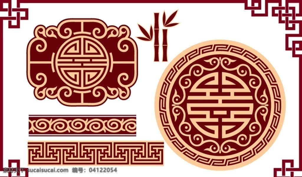 中国 古典 花纹 边框 中国风 传统 朱红 底纹 竹 圆饰 底纹边框 花边花纹