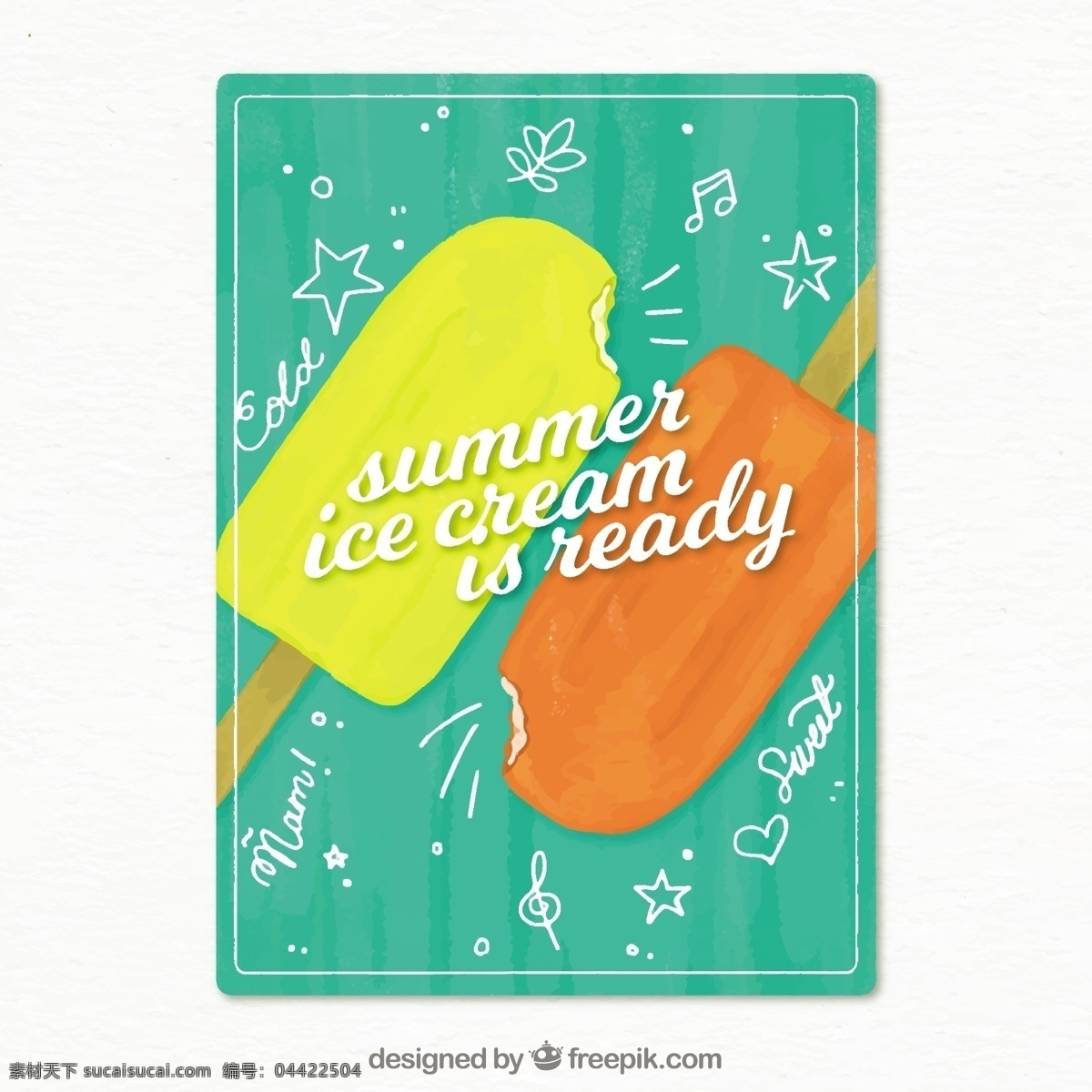 彩色 冰淇淋 装饰 卡 采购产品食物 卡片 夏天 模板 颜色 冰 甜 甜点 印刷 奶油 吃 季节 美味 味道 着色 准备