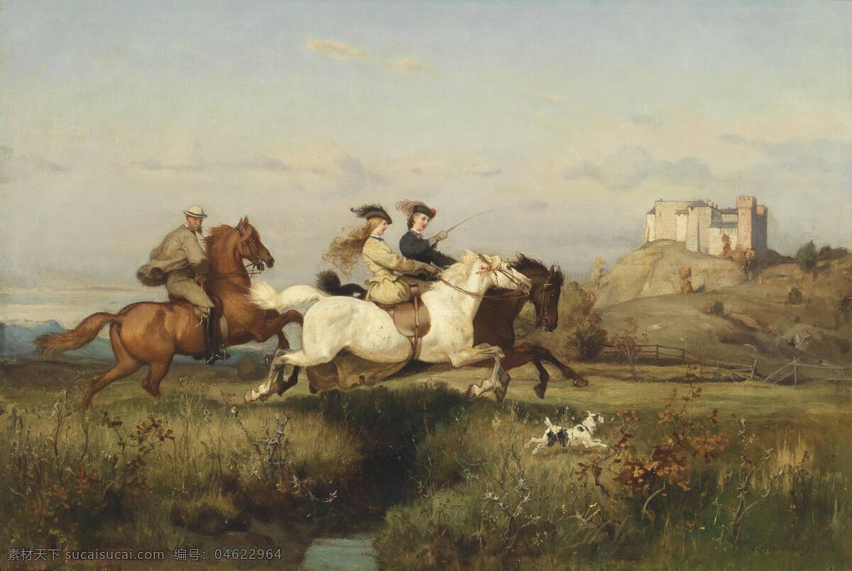 策马奔腾 姑娘 绘画书法 骑马 文化艺术 小狗 油画 两个 飞驰而行 紧跟一男士 远处城堡 19世纪油画 装饰素材