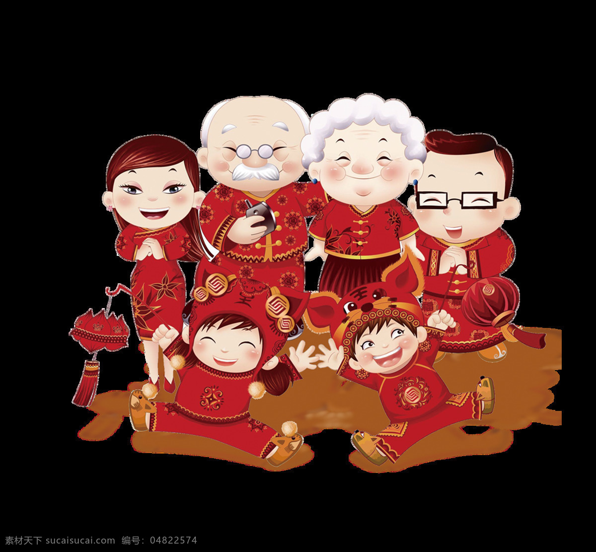 一家人 过年 红色 卡通 元素 ng元素 过年素材图片 免抠元素 童趣 透明元素 中国风