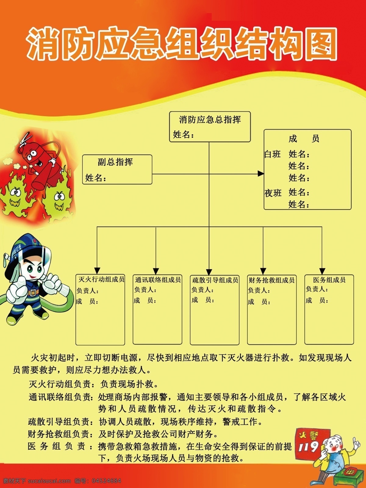 消防应急预案 灭火行动组 通讯联络组 疏散引导组 财务抢救组 医务组 展板模板