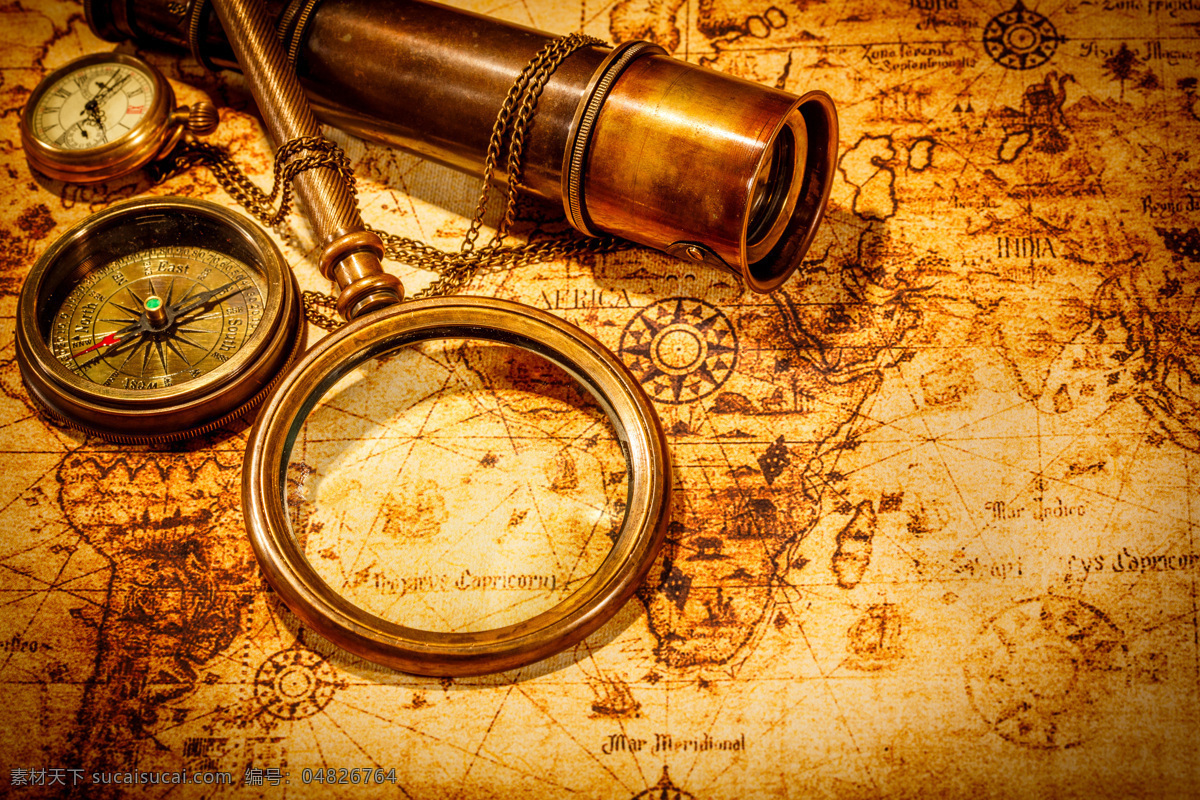 望远镜 地图 放大镜 指南针 怀旧地图 古老地图 探险元素 地图图片 生活百科