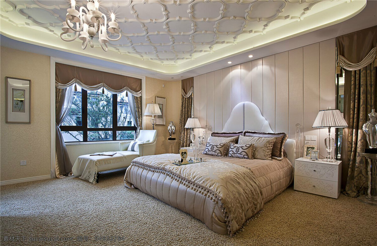现代 时尚 卧室 白色 凸起 天花板 室内装修 效果图 卧室装修 米色地板 白色柜子 浅色台灯