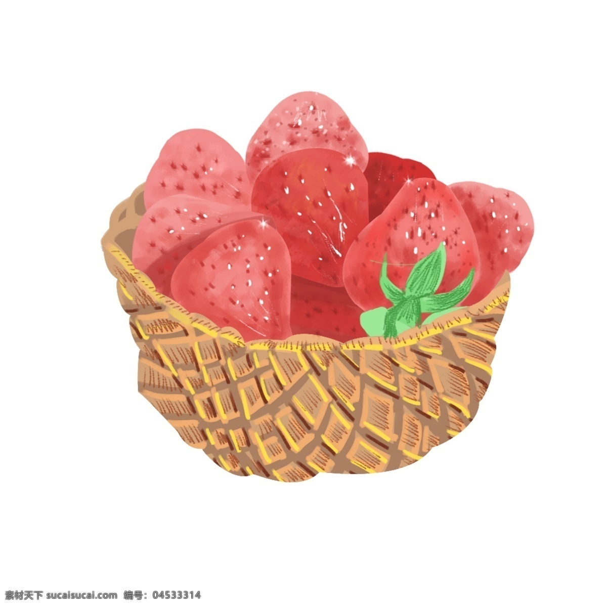 筐 红色 草莓 插画 一筐草莓插画 红色的草莓 编织的篮子 黄色框 绿色的叶子 诱人的草莓 可口的草莓