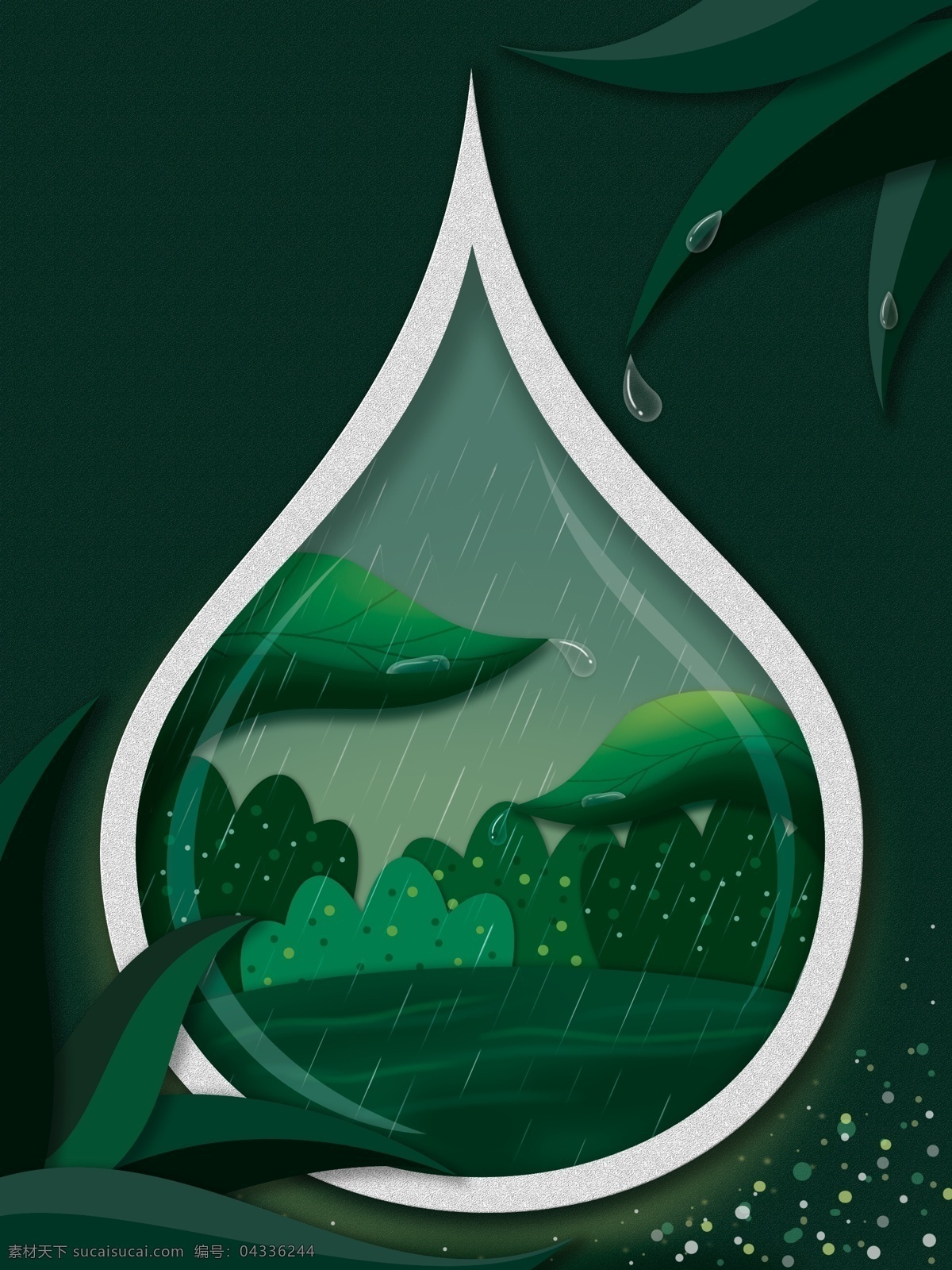 绿色 创意 春天 景色 插画 背景 插画背景 植物背景 唯美 草地背景 绿地背景 山水风景 雨季 下雨