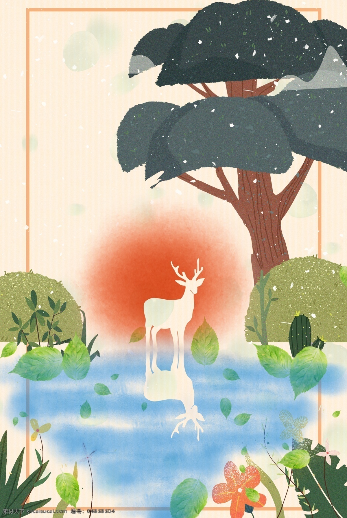 清新 小鹿 手绘 插画 简约 边框 背景 可爱 花 大气