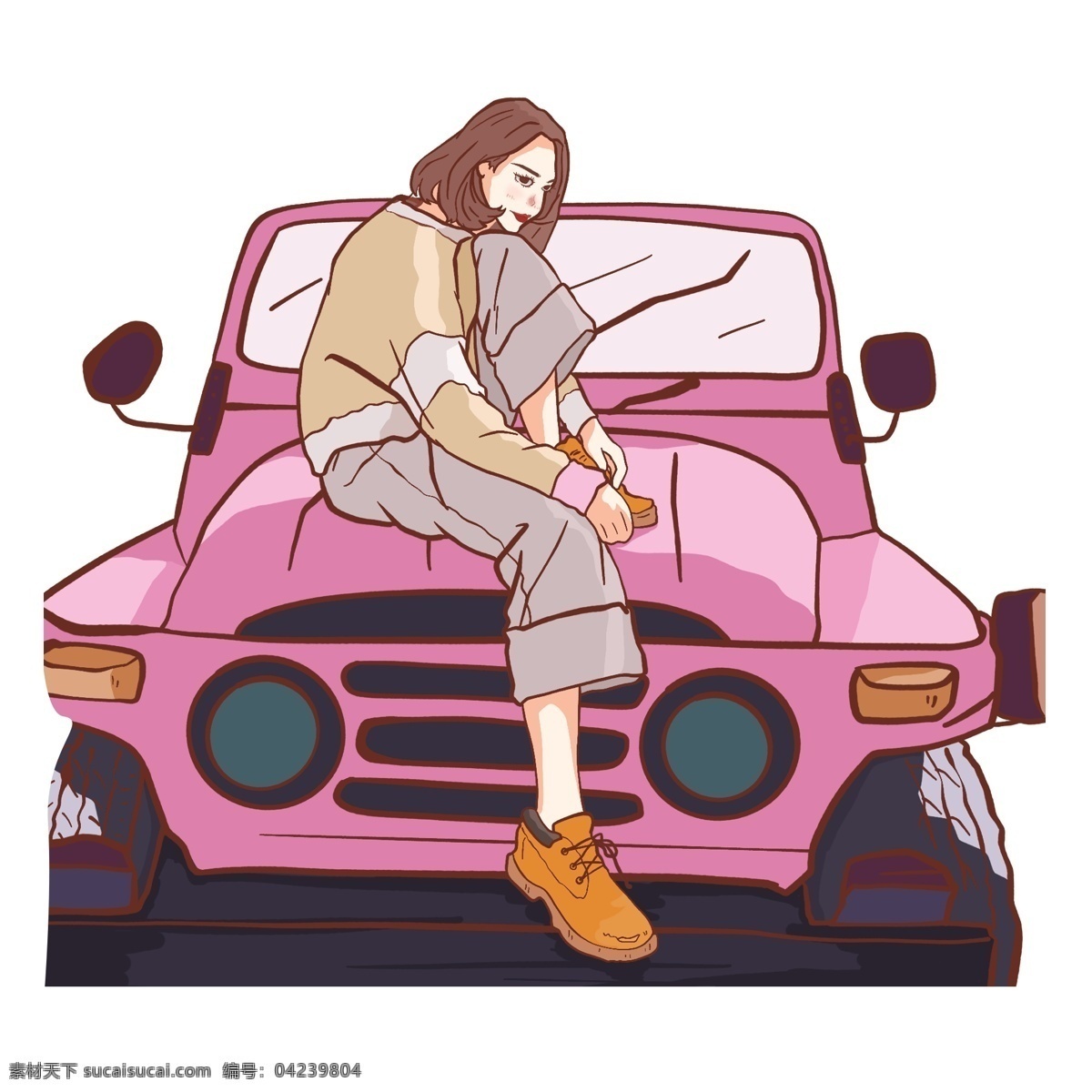 卡通 汽车 上 女孩 元素 汽车上 透明素材 人元素 插画元素 简约