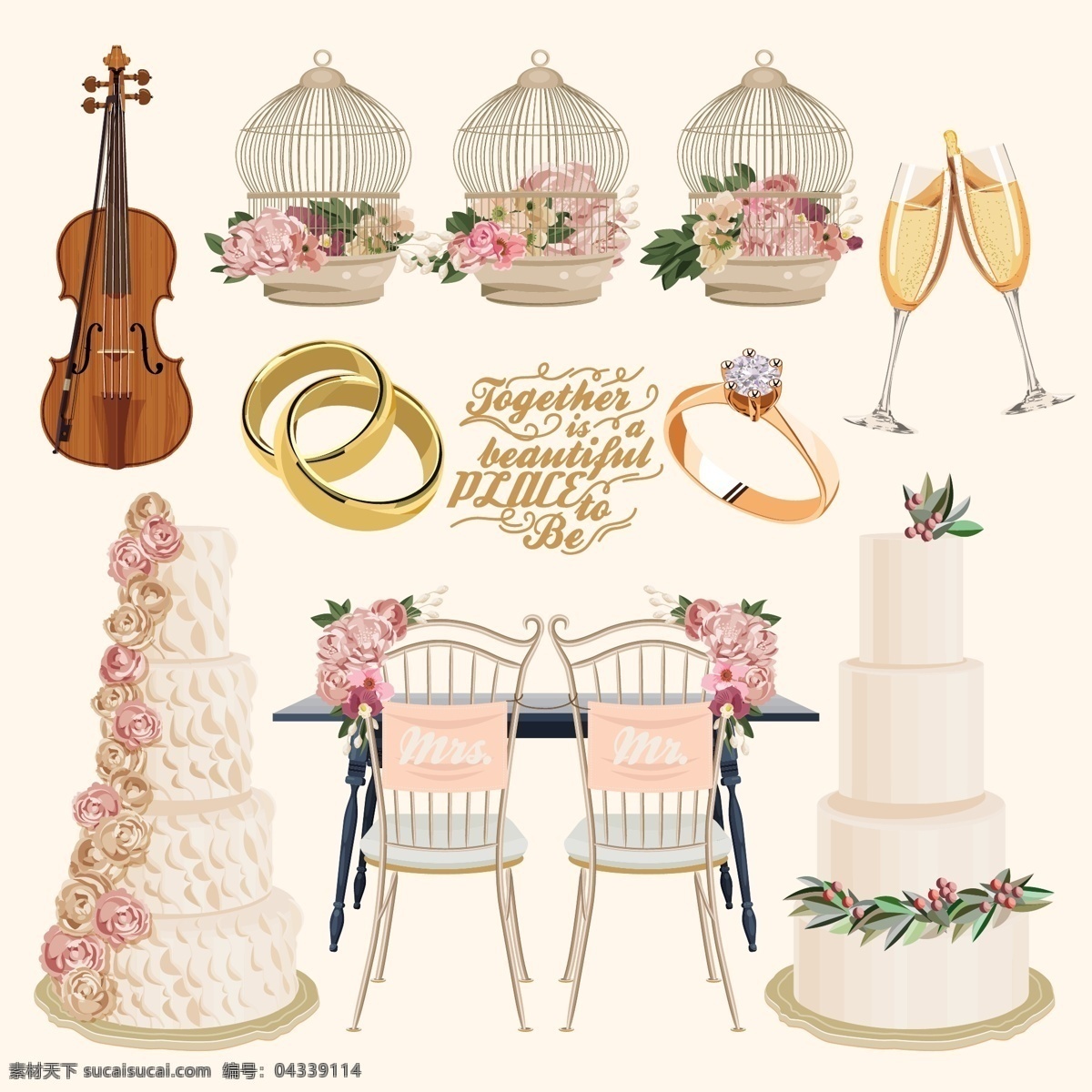 香槟 甜美 卡通 婚礼 装饰 庆祝 杯子 装饰图案 设计元素 高清