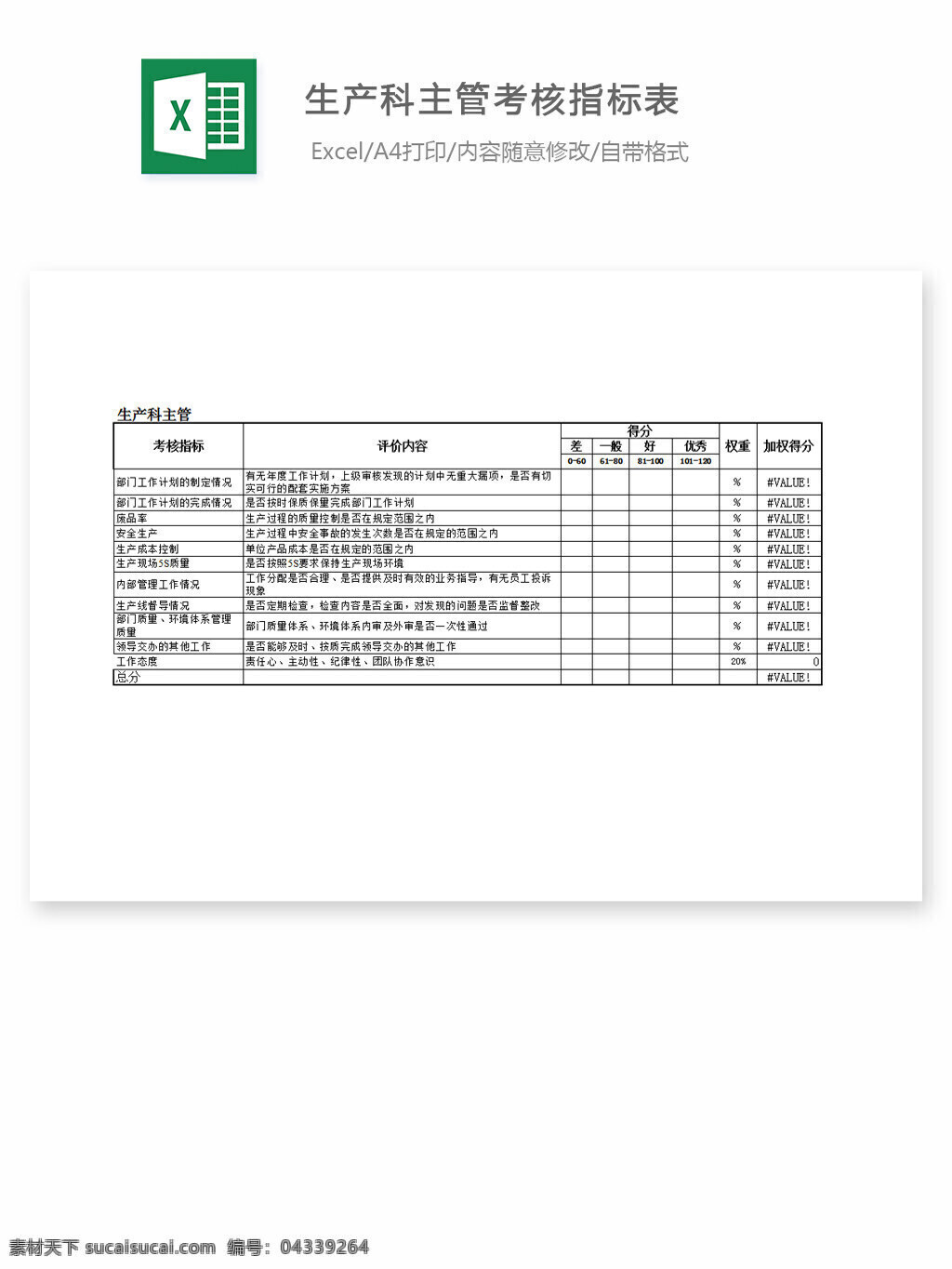 生产 科 主管 考核 指标 表 excel 表格 表格模板 表格设计 图表 考核指标表 生产主管