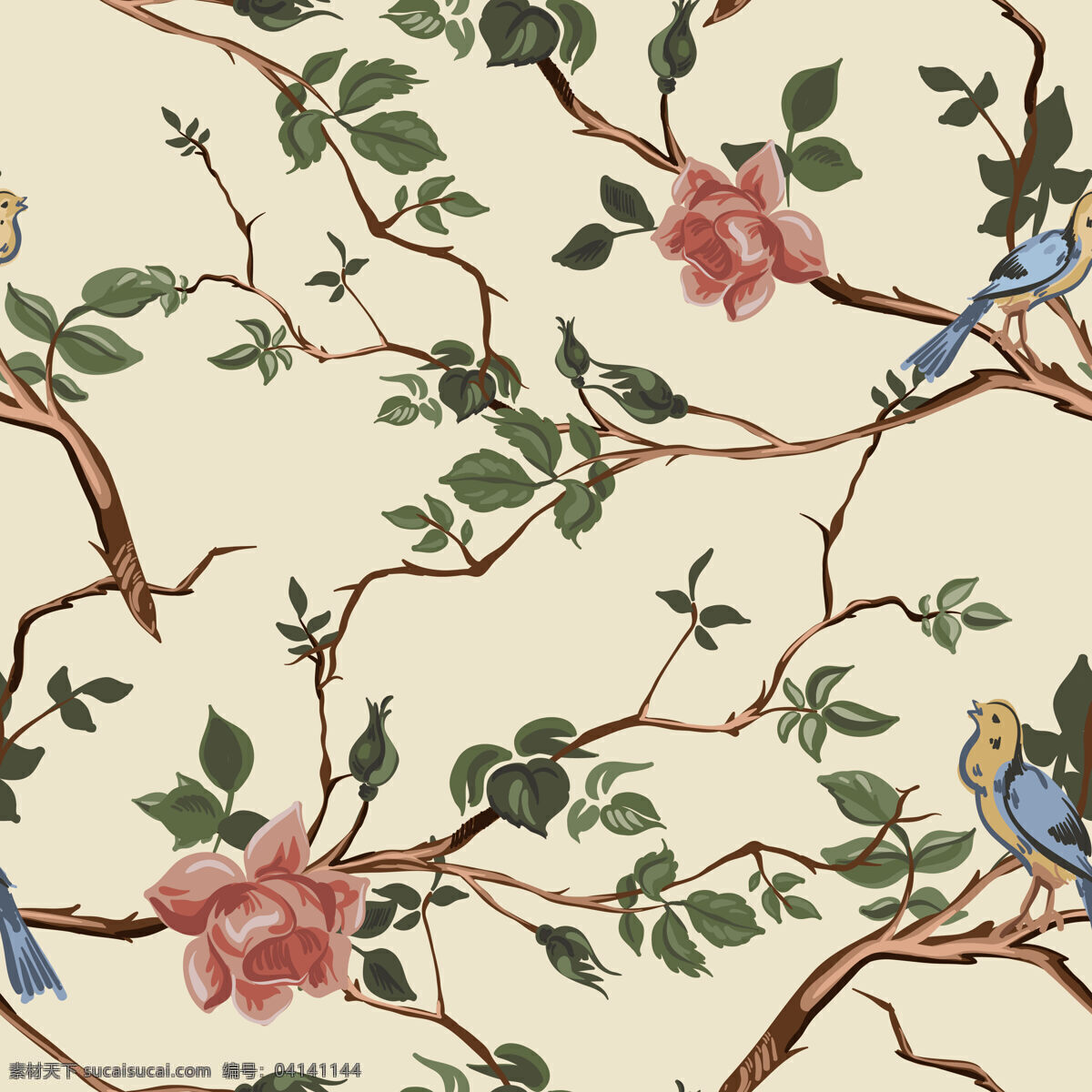 素雅 高级 树枝 壁纸 图案 装饰设计 肉色底色 壁纸图案 褐色树枝 蓝色小鸟