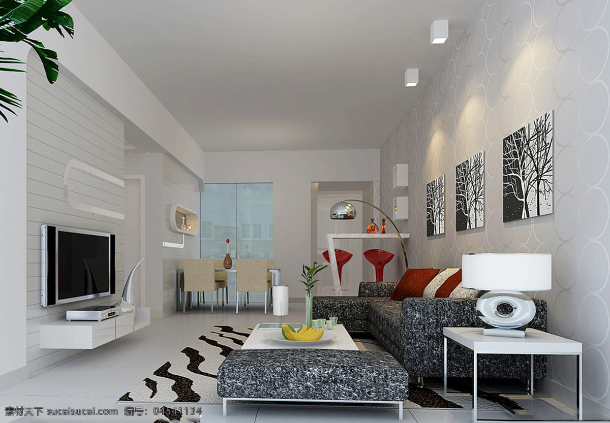 简约 创意 客厅 3d效果图 电视机 沙发茶几 室内设计 客厅模型 家居装饰素材