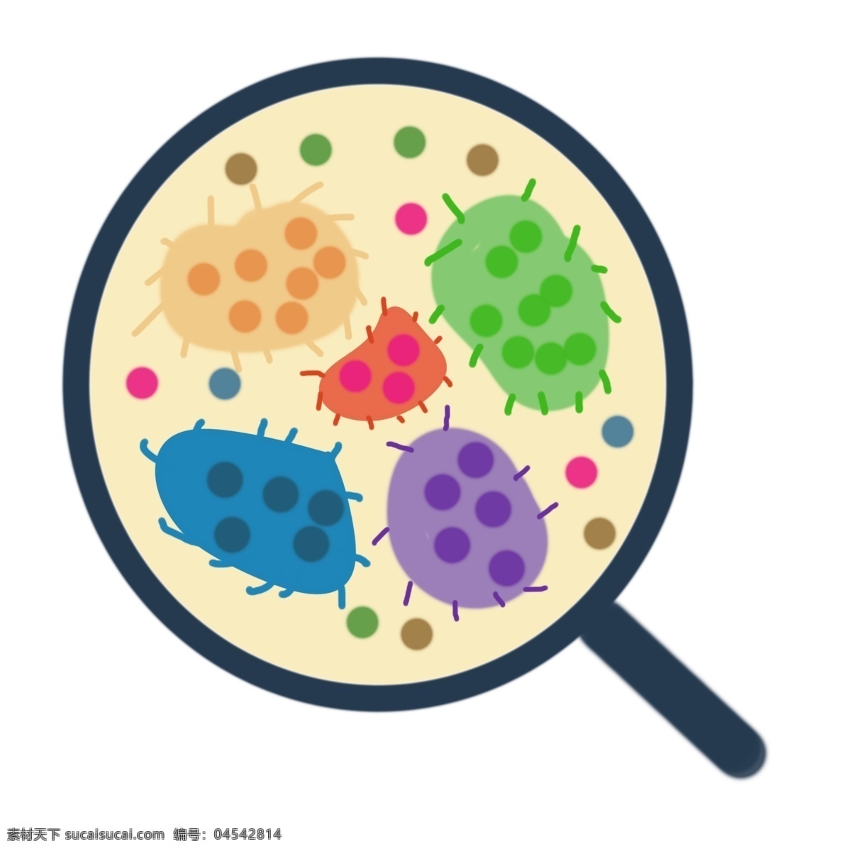 放大 的卡 通 细菌 插画 放大的细菌 蓝色的放大镜 细菌插画 生物细菌插画 卡通细菌插画 毛球细菌