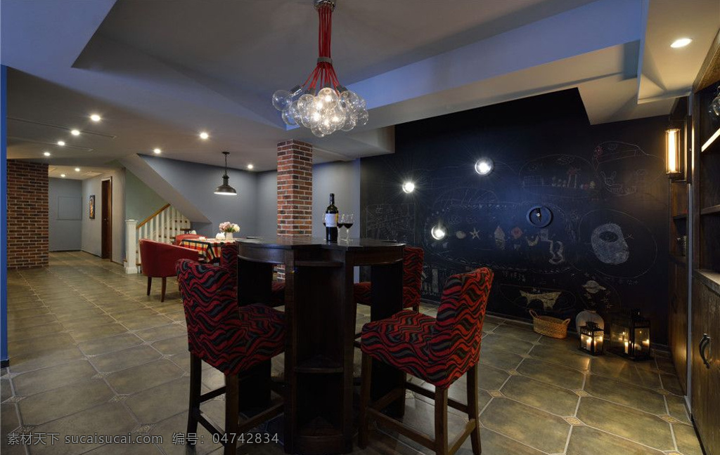 中式 轻 奢 客厅 暗红色 椅子 室内装修 效果图 红色吊灯 瓷砖地板 壁灯 暗色背景墙