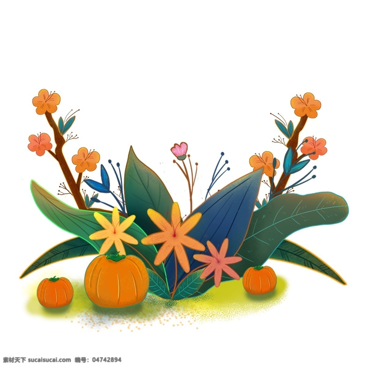 感恩节 南瓜 花朵 原创 手绘 装饰 叶子 绿叶 植物 橙色 绿色 原创手绘插画 插画