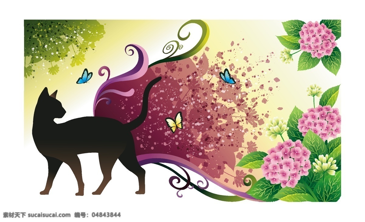韩国矢量图案 猫 蝴蝶 绣球花 韩国花卉 唯美 韩国 矢量 精美 图案 底纹边框 背景底纹 白色