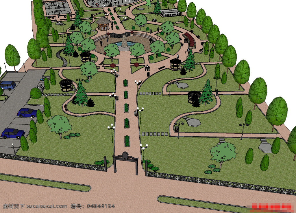 公园场景 广场 园林 景观设计 skp 3d模型 中心广场 树木 园林设计 室外 小区广场 悠闲 花坛 绿化带 公园 休息区 白色