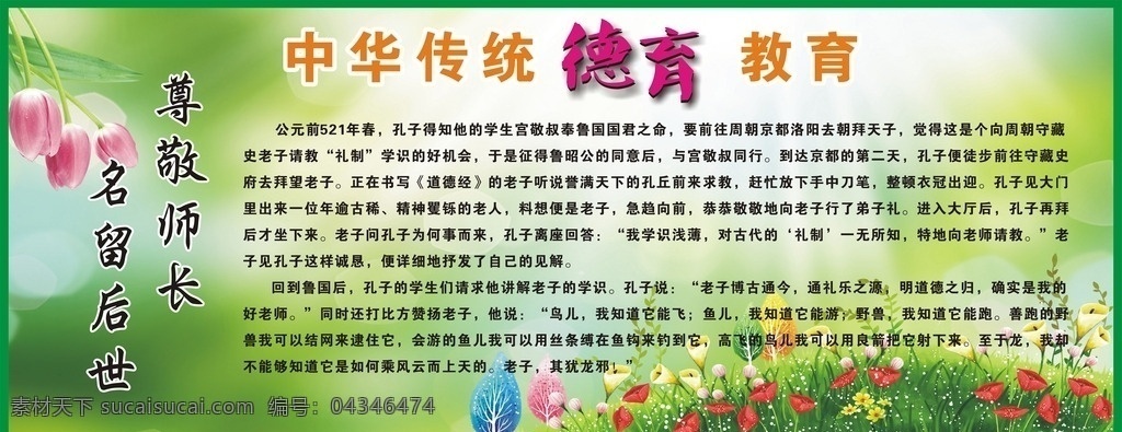 德育 友爱 同学 中华传统美德 花朵 郁金香 叶子 绿色 背景 校园文化 学校展板 礼貌 展板模板