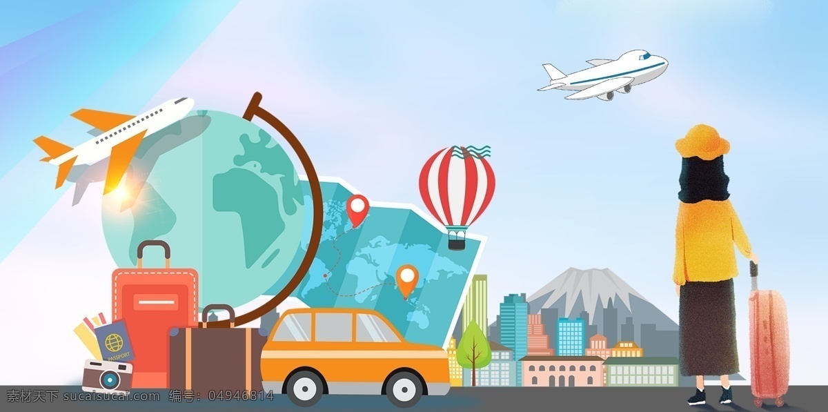 旅行图片 旅行 行李箱 飞机 热气球 地球仪 照相机 旅行海报 旅行广告