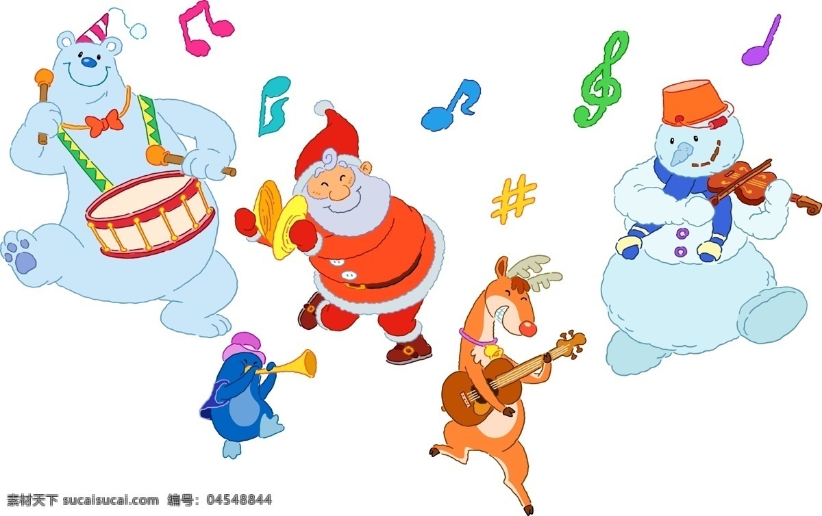 圣 克劳斯 笔记 动物 鼓 节 节日 快乐 喇叭 企鹅 圣诞老人 小提琴 圣克劳斯 雪人 矢量图 矢量人物
