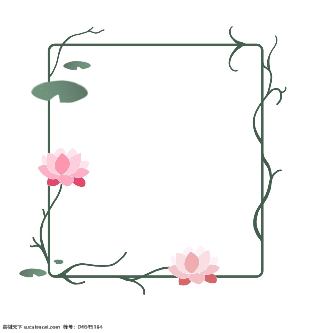 荷花 边框 手绘 花 藤 绿荷 绿色 莲花 创意 绿植 框架 清新淡雅 植被 花蕾 鲜花