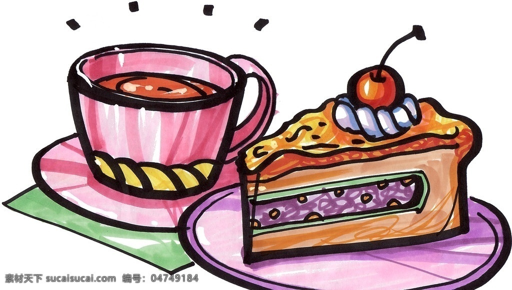 手绘咖啡 蛋糕 手绘美食 马克 笔 手绘 美食 餐饮美食 效果 图 绘画作品 绘画书法 文化艺术