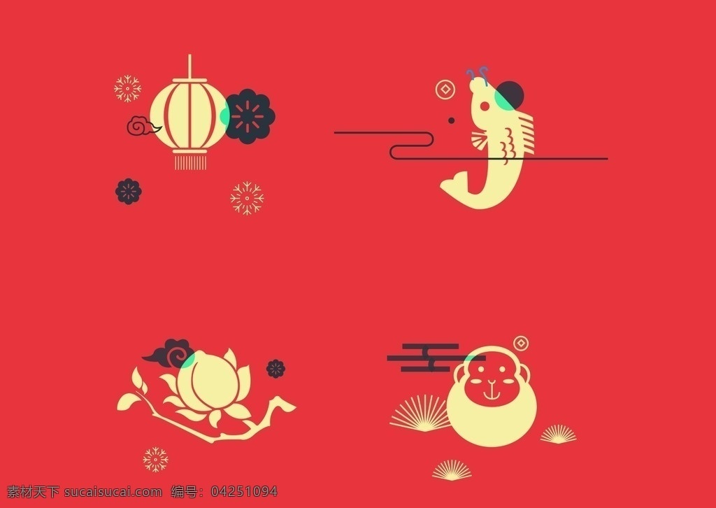 灯笼 云 鱼 猴子 桃子中国元素 新年 文化艺术 传统文化