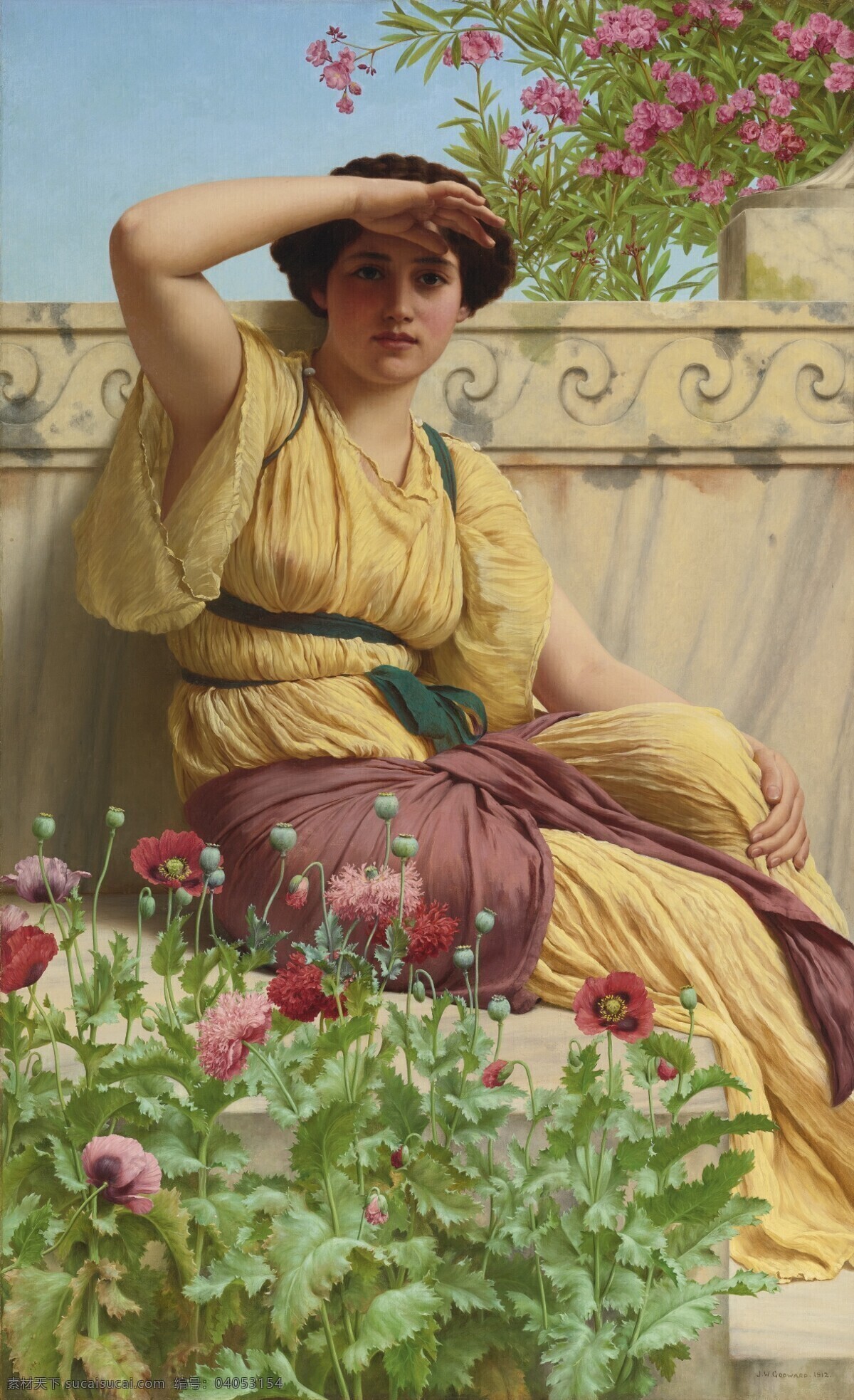 女子 瞭望 坐像 花丛边 新 浪漫主义 画派 19世纪油画 油画 绘画书法 文化艺术