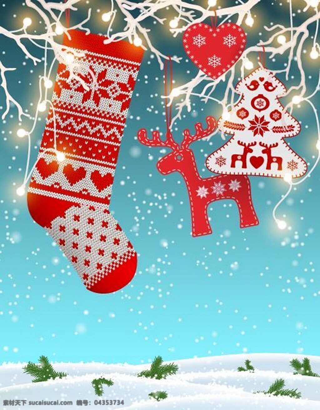 圣诞挂件 背景 雪花 雪地 长筒袜 礼物 灯光 挂件 背景素材