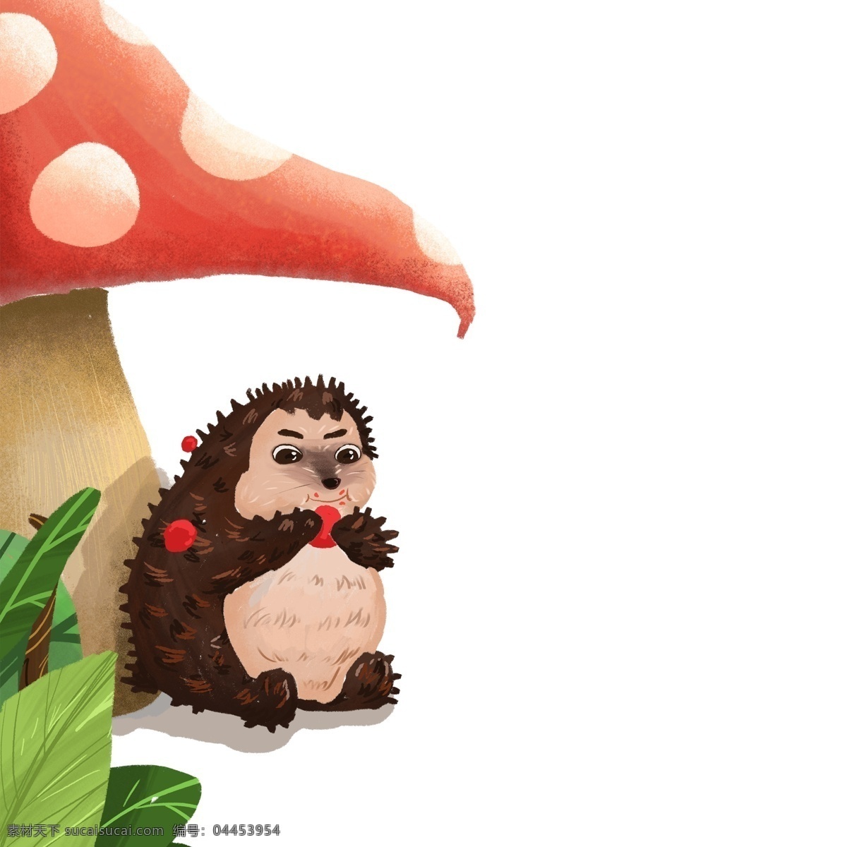 红色 蘑菇 动物 免 抠 图 卡通动物 动物插画 小动物 刺猬 可爱的动物 红色蘑菇 植物叶子 生态植物 免抠图