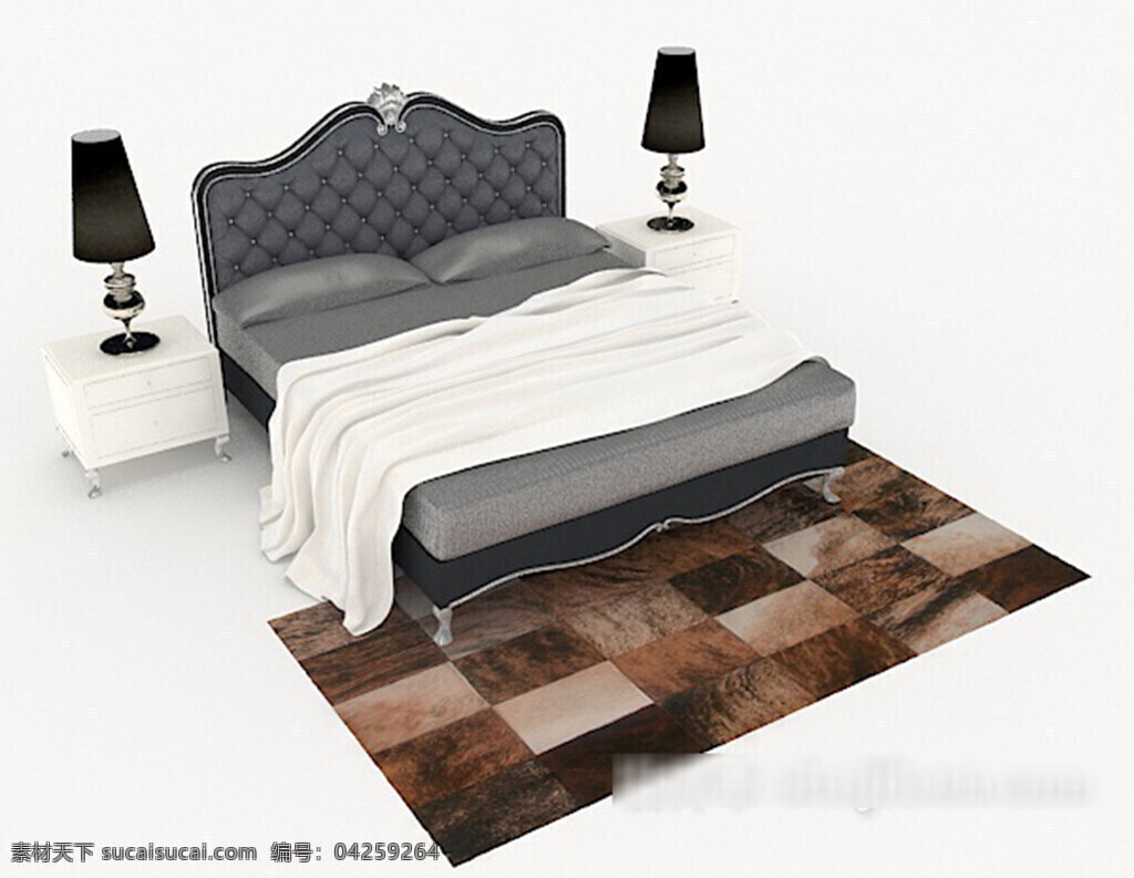 简 欧 灰色 双人床 3d 模型 3d模型下载 3dmax 现代风格模型 家具模型 家居家装 欧式风格 复古 古典