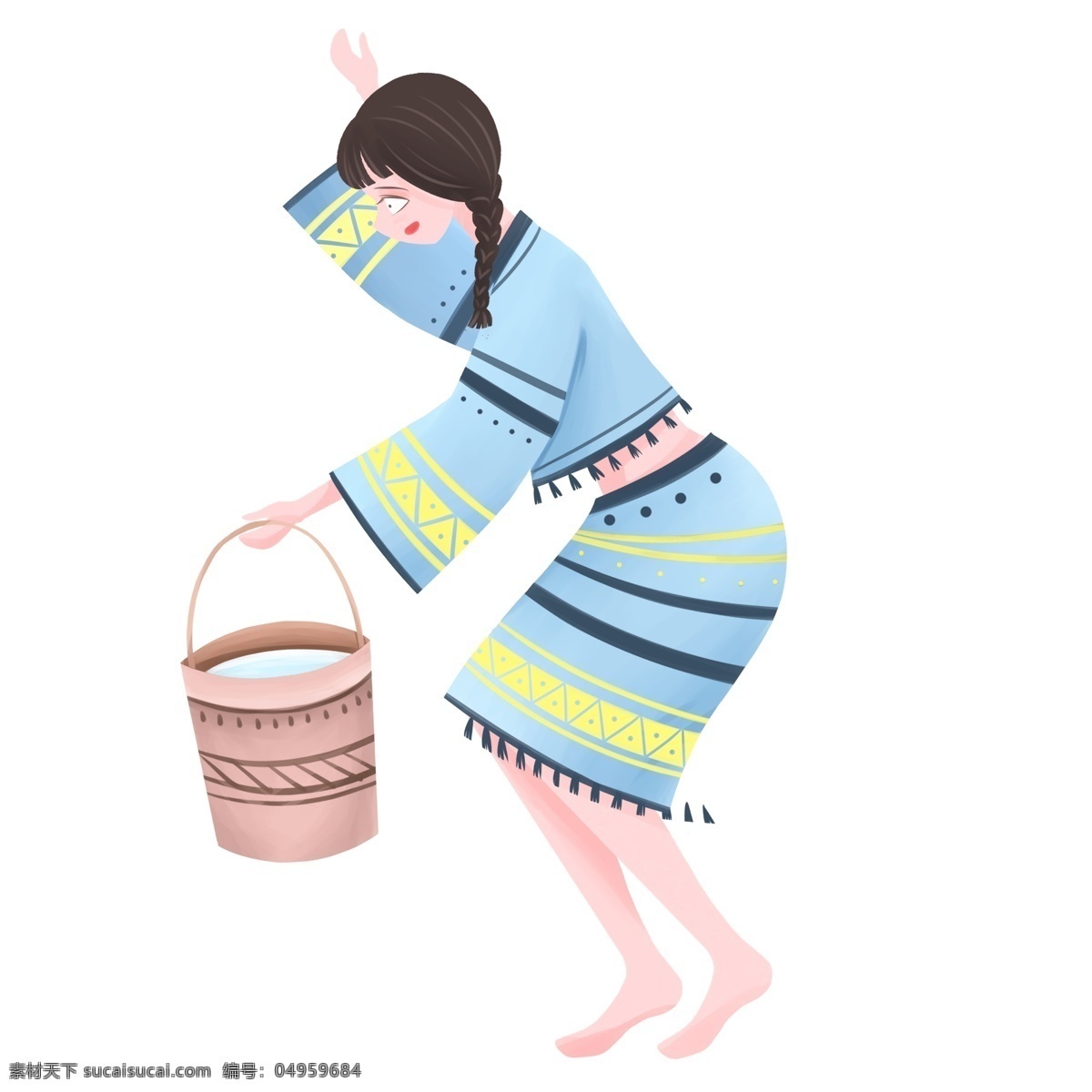 清新 可爱 泼水节 提 桶 水 傣族 姑娘 卡通 少女 傣族姑娘 女孩 一桶水