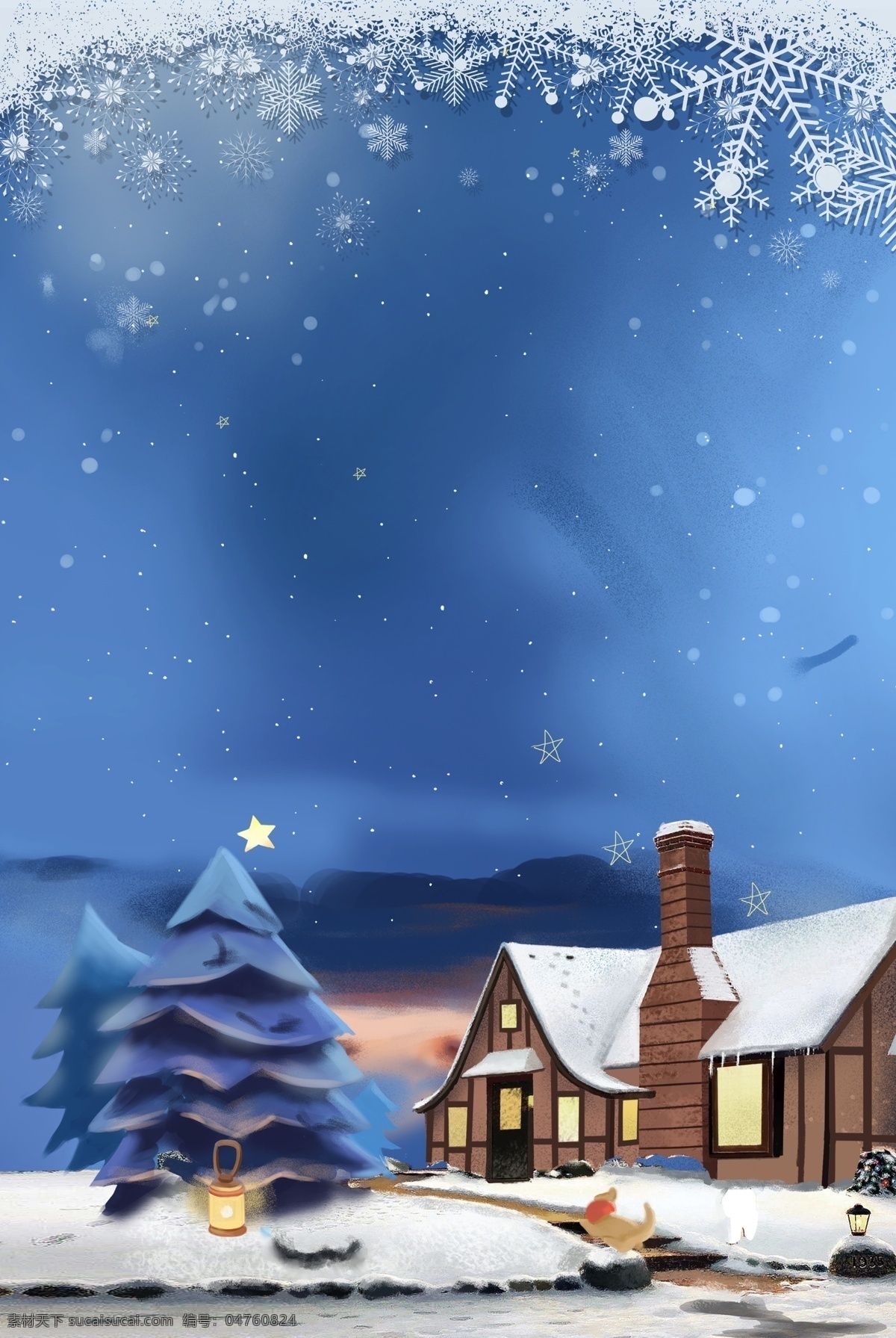 唯美 蓝色 冬至 节气 背景 雪花 圣诞树 psd背景 下雪 雪屋 冬至素材 大雪背景